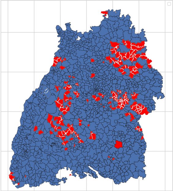 Rot die lokalzeitungsfreien Zonen. Quellen: OpenStreetMap, Regionalstatistik für Baden-Württemberg 2021, eigene Recherche und Darstellung